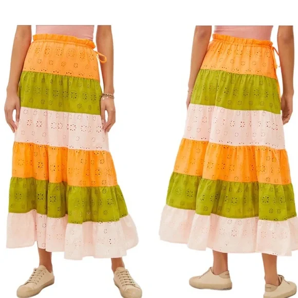 ANTHROPOLOGIE HUTCH Fantine Maxi Skirt-color-block eyelet-elastic waist SZ XS - Picture 8 of 10